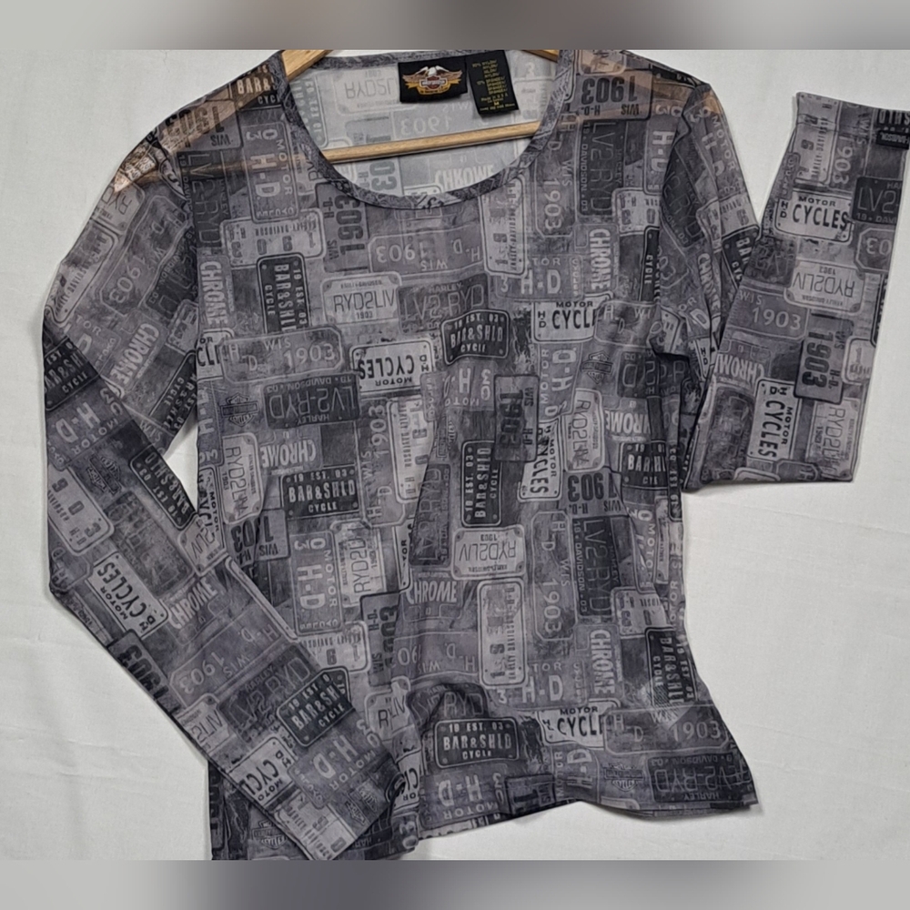 Harley-Davidson Sheer Mesh Long Sleeve Top Y2K Moto License Plate Print M